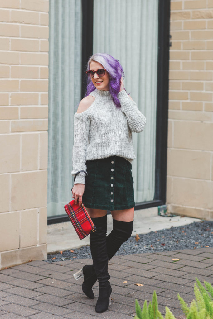 Christmas, Christmas outfit, Charming Charlie, Plaid, women's fashion, style, pravana vivids, houston photographer, over the knee boot, 