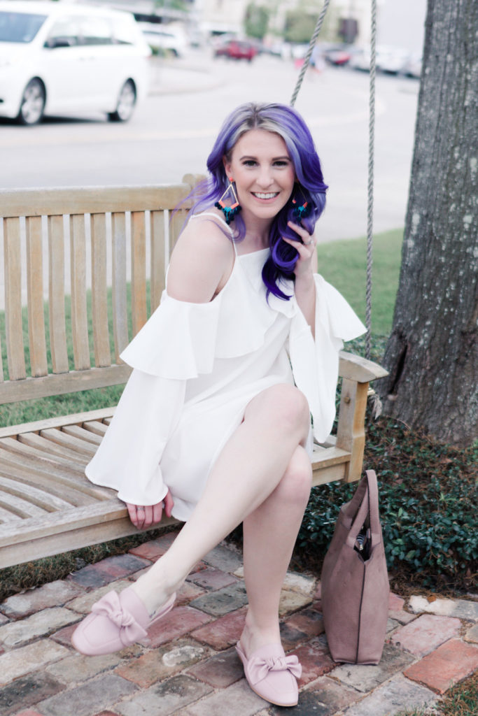 houston blogger, style blog, fashion blogger, lifestyle blog, shein, pravana, bauble bar, bp, nordstrom, gracefully sassy, spring fashion, white ruffle dress, bow loafers, houston photographer