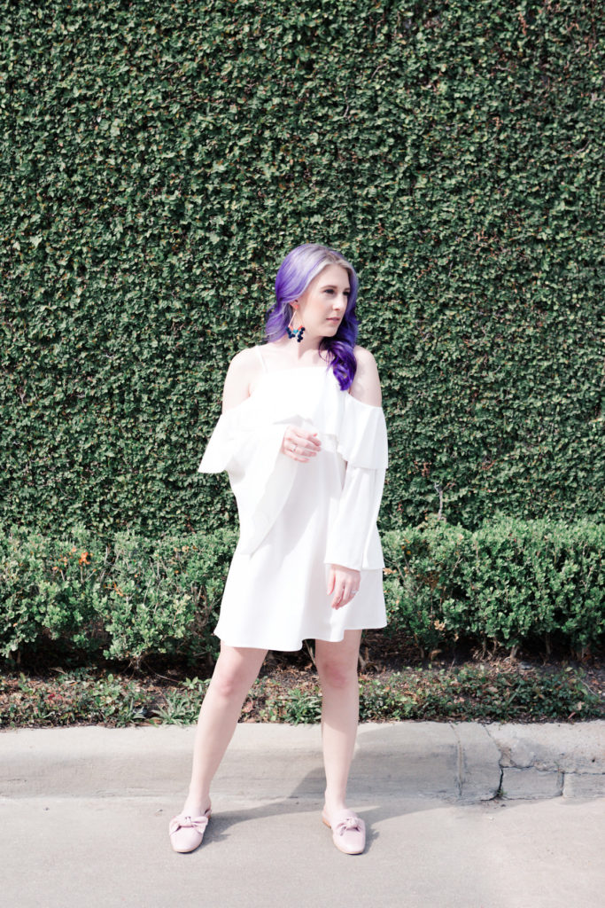 houston blogger, style blog, fashion blogger, lifestyle blog, shein, pravana, bauble bar, bp, nordstrom, gracefully sassy, spring fashion, white ruffle dress, bow loafers, houston photographer