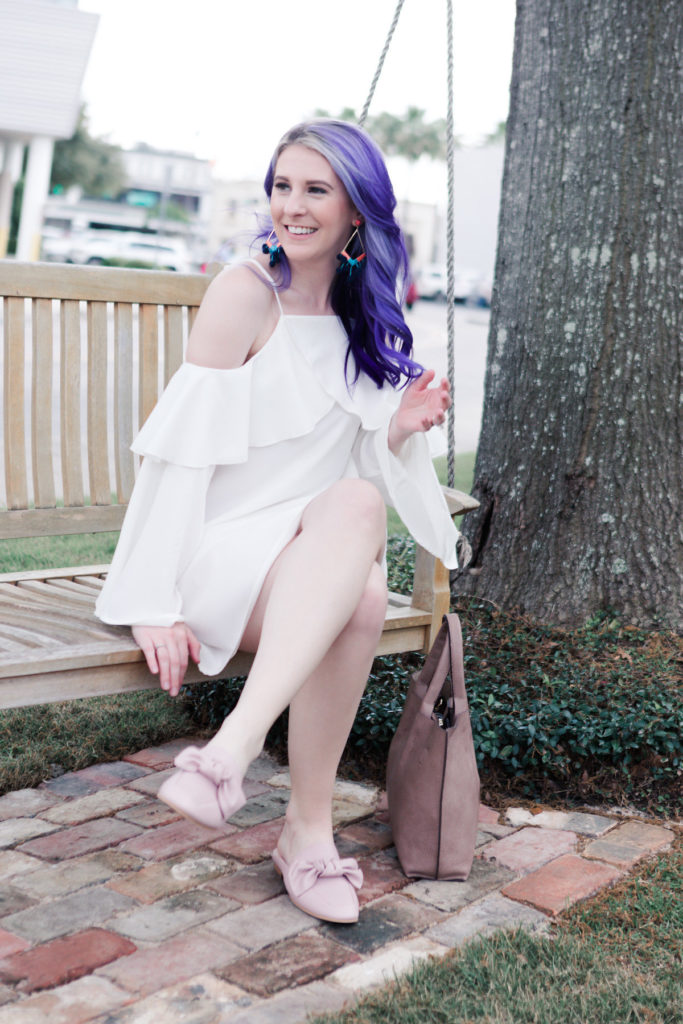 houston blogger, style blog, fashion blogger, lifestyle blog, shein, pravana, bauble bar, bp, nordstrom, gracefully sassy, spring fashion, white ruffle dress, bow loafers, houston photographer