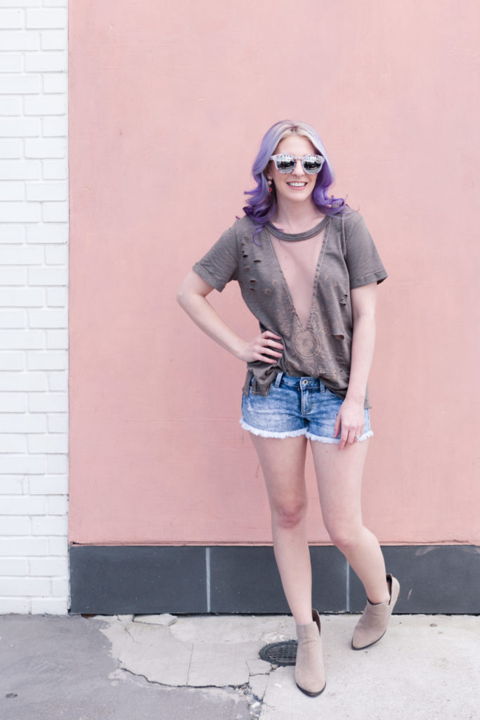 Houston Blogger, Style Blog, Houston Photographer, Vici Collection, Distressed Tee, Pravana, Charming Charlie, Botties, Denim Shorts, Band Tee, Fashion Blogger, Gracefully Sassy