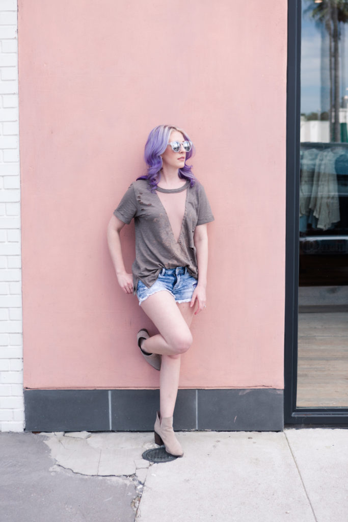 Houston Blogger, Style Blog, Houston Photographer, Vici Collection, Distressed Tee, Pravana, Charming Charlie, Botties, Denim Shorts, Band Tee, Fashion Blogger, Gracefully Sassy