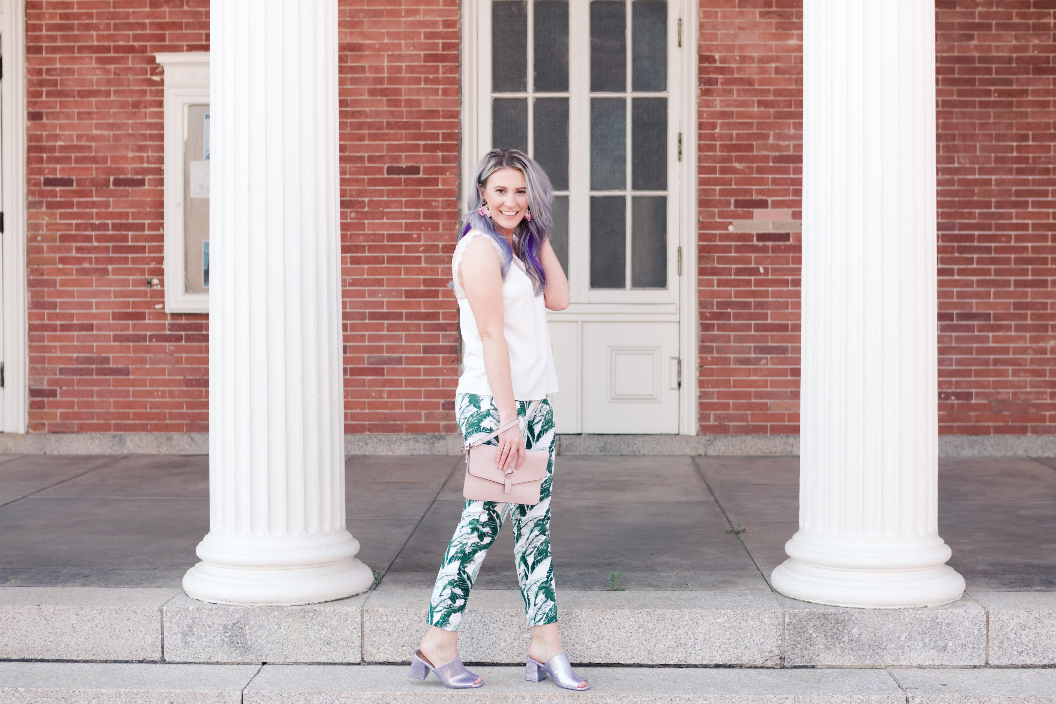 houston blogger, style blog, fashion blogger, gracefully sassy, old navy, jeffrey campbell, nordstrom, glitter mule, palm print, palm print pant, asos, white lace top, pravana, blogger, houston photographer, galveston - Palm Print Obsession by Houston fashion blogger Gracefully Sassy