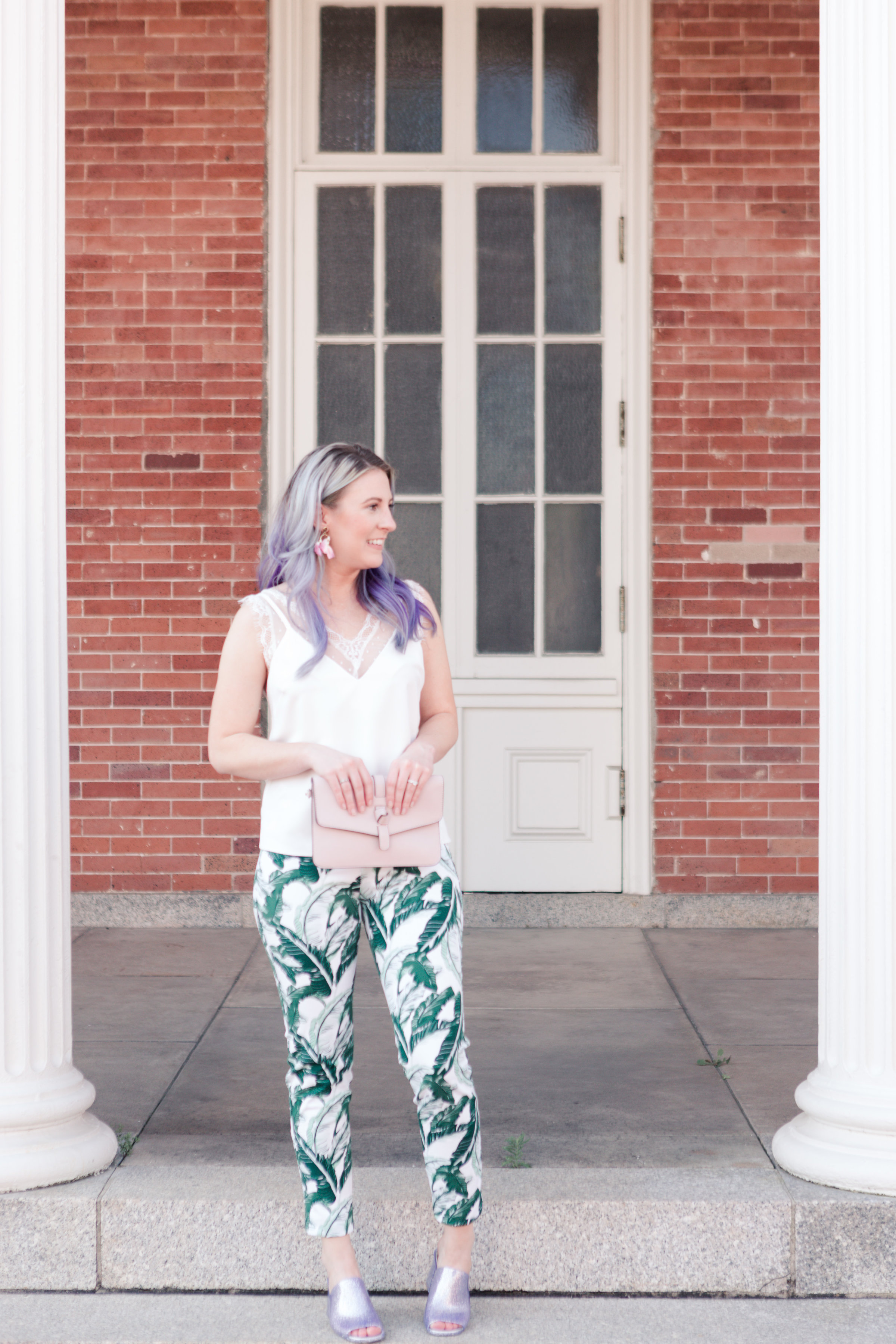 houston blogger, style blog, fashion blogger, gracefully sassy, old navy, jeffrey campbell, nordstrom, glitter mule, palm print, palm print pant, asos, white lace top, pravana, blogger, houston photographer, galveston - Palm Print Obsession by Houston fashion blogger Gracefully Sassy