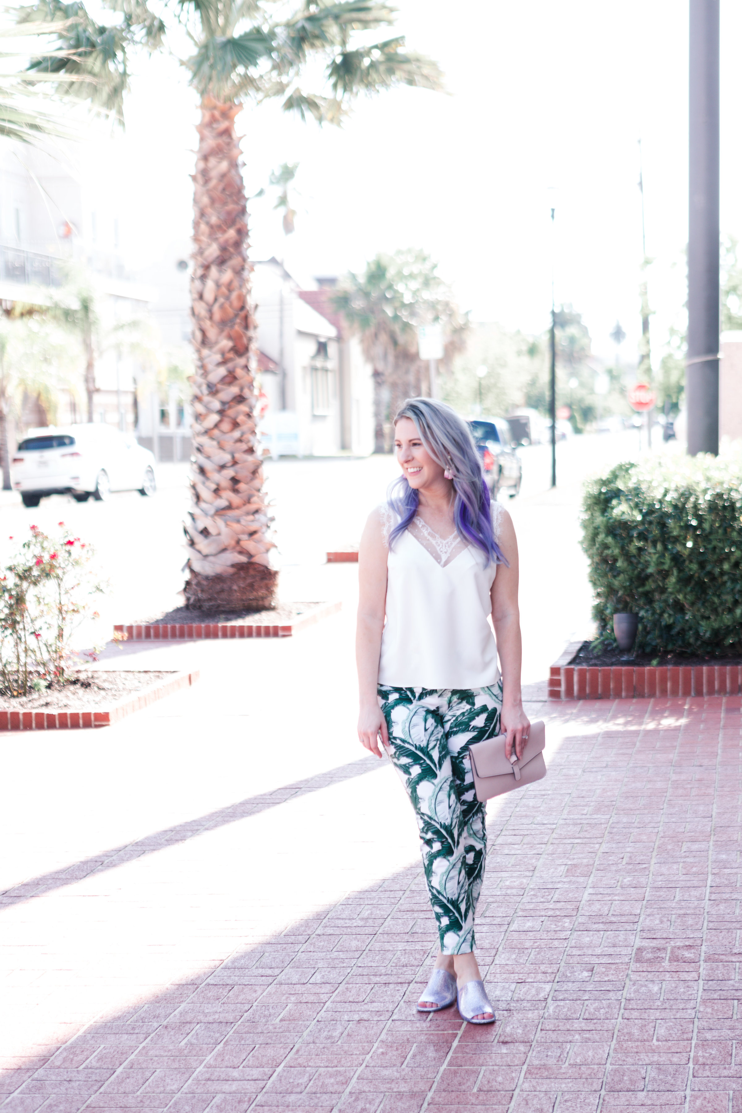 houston blogger, style blog, fashion blogger, gracefully sassy, old navy, jeffrey campbell, nordstrom, glitter mule, palm print, palm print pant, asos, white lace top, pravana, blogger, houston photographer, galveston - Palm Print Obsession by Houston fashion blogger Gracefully Sassy