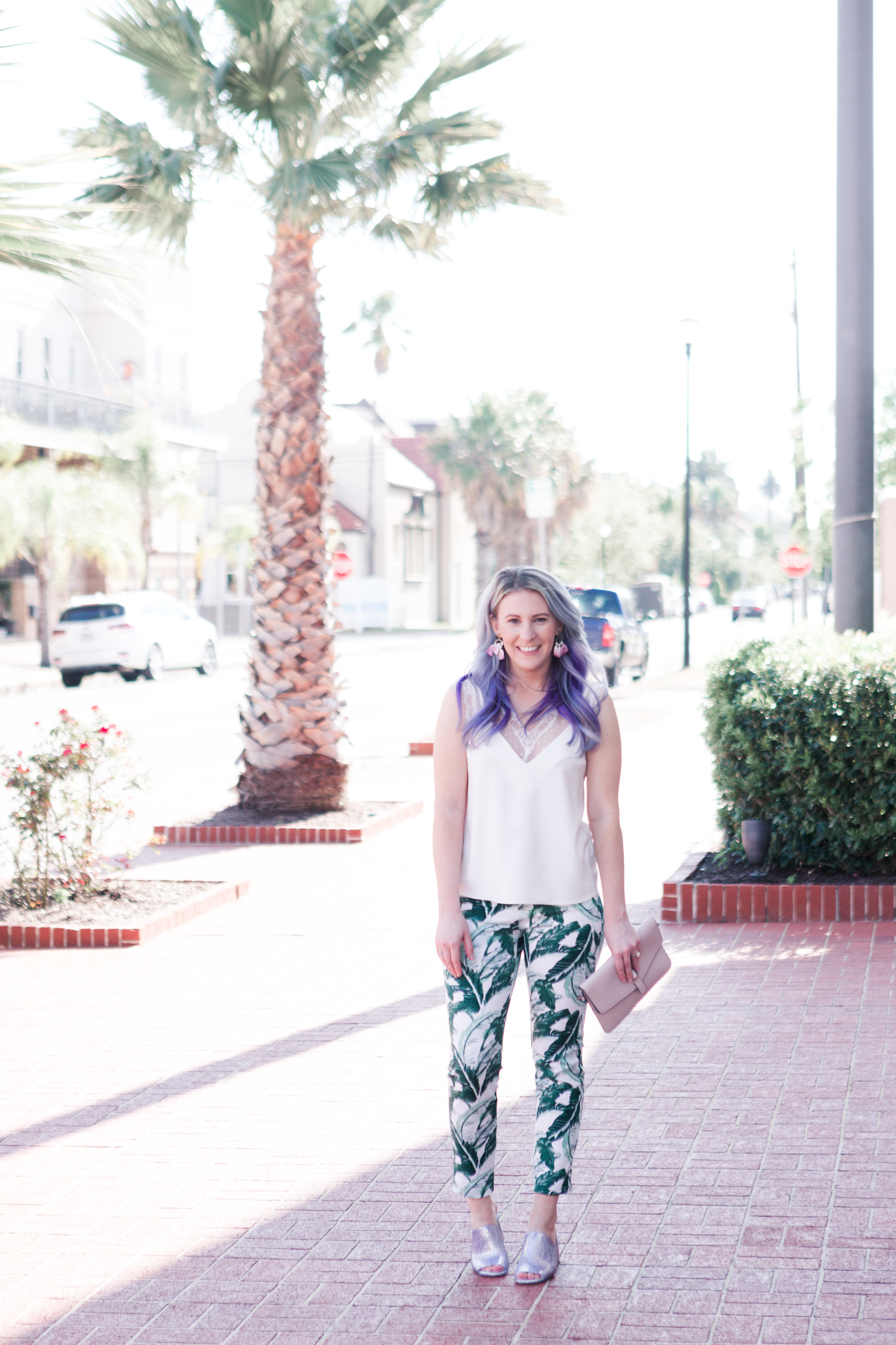 houston blogger, style blog, fashion blogger, gracefully sassy, old navy, jeffrey campbell, nordstrom, glitter mule, palm print, palm print pant, asos, white lace top, pravana, blogger, houston photographer, galveston - Palm Print Obsession by Houston fashion blogger Gracefully Sassy