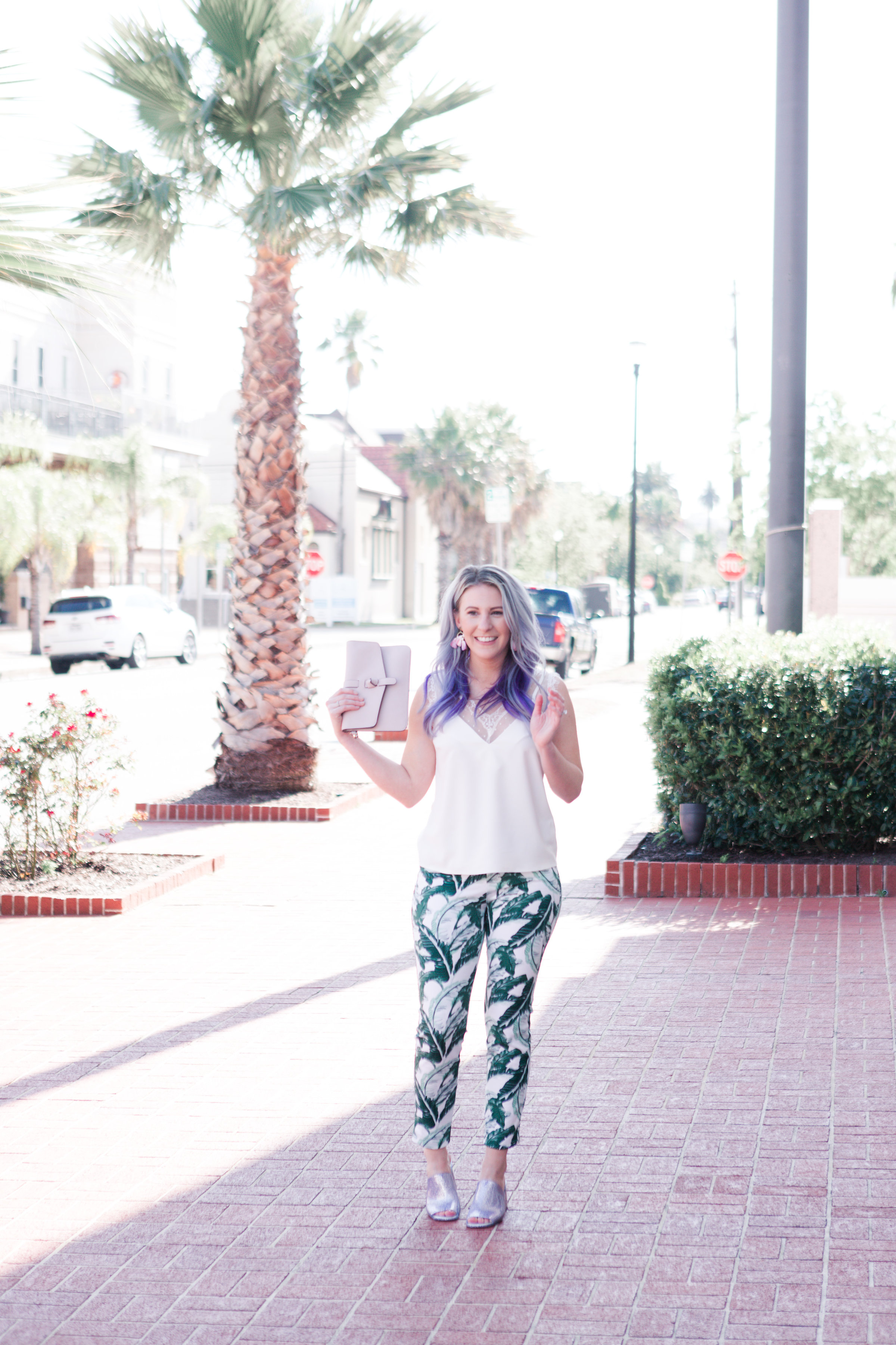 houston blogger, style blog, fashion blogger, gracefully sassy, old navy, jeffrey campbell, nordstrom, glitter mule, palm print, palm print pant, asos, white lace top, pravana, blogger, houston photographer, galveston - Palm Print Obsession by Houston fashion blogger Gracefully Sassy