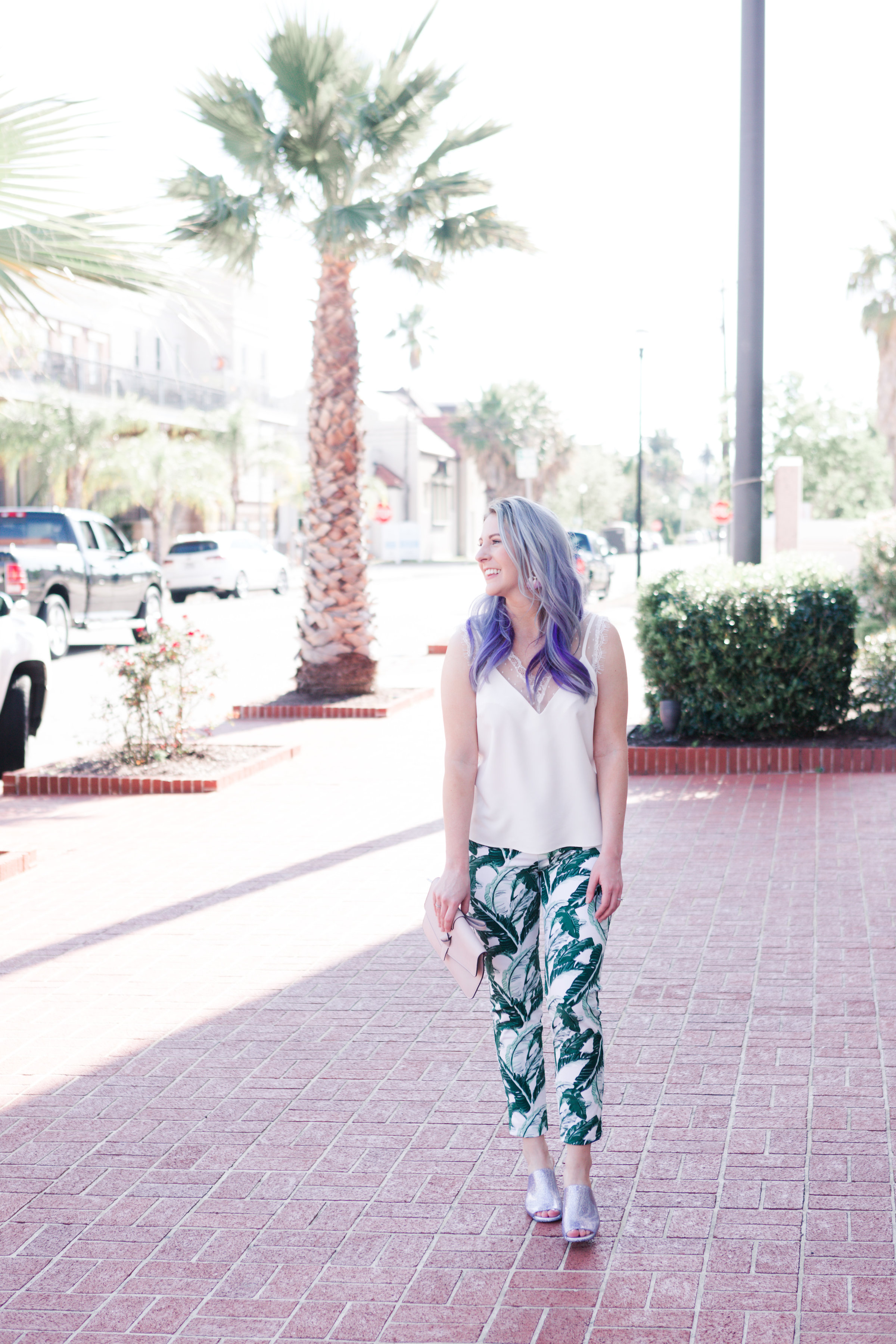 houston blogger, style blog, fashion blogger, gracefully sassy, old navy, jeffrey campbell, nordstrom, glitter mule, palm print, palm print pant, asos, white lace top, pravana, blogger, houston photographer, galveston - Palm Print Obsession by Houston fashion blogger Gracefully Sassy