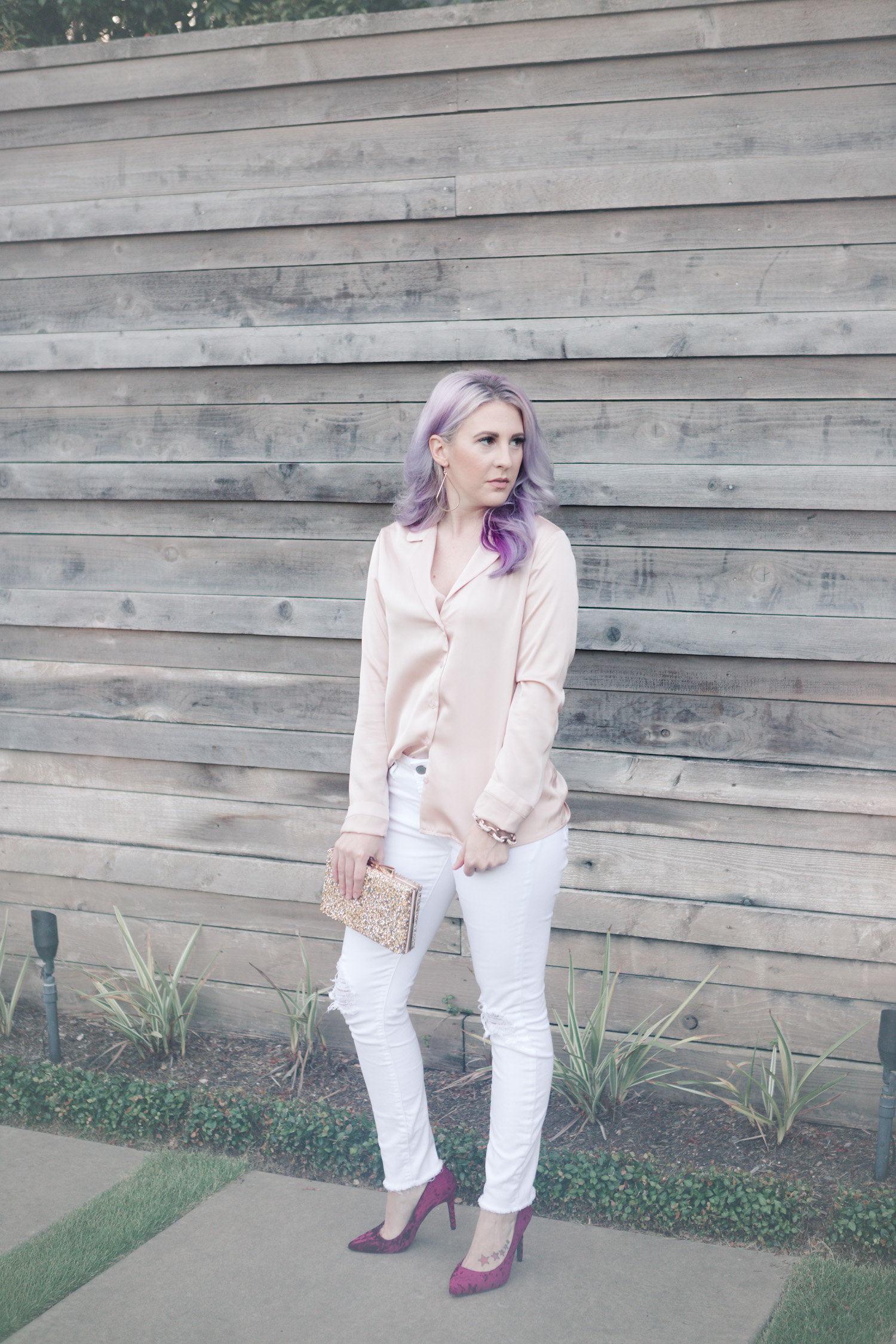 satin top, satin button down, velvet heels, distressed denim