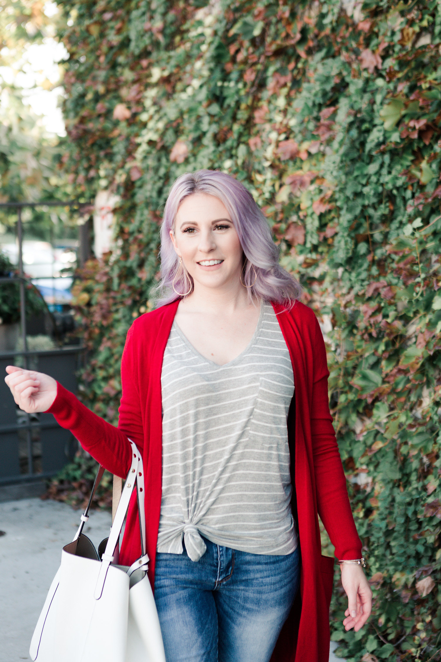 red cardigan, nordstrom, pocket tee