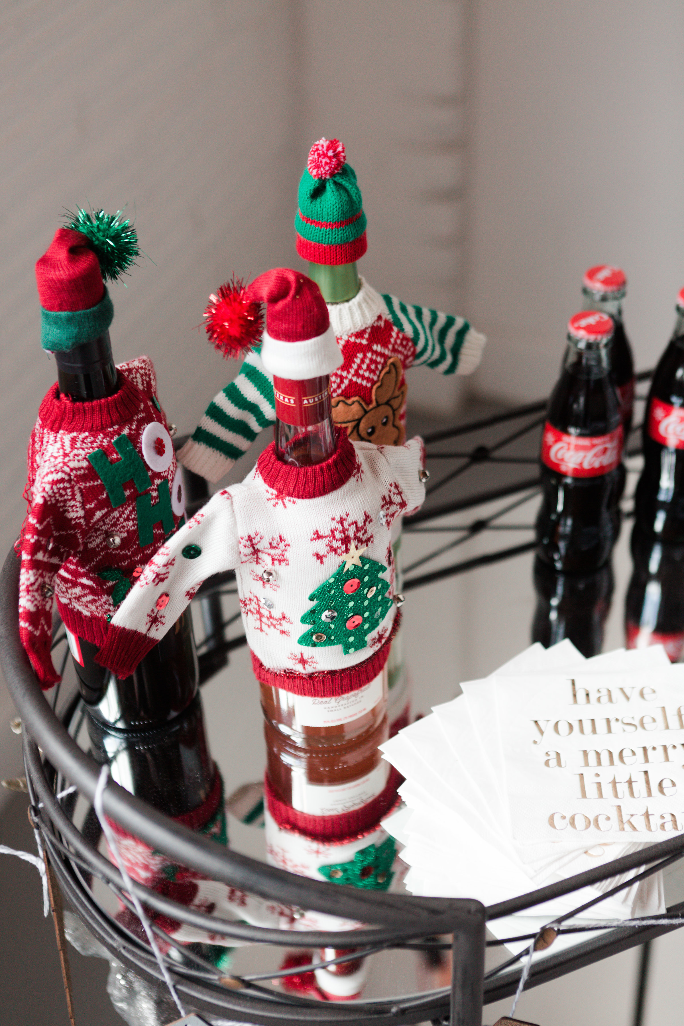 christmas sweater wine bottle, bar cart accessories, bar cart decor